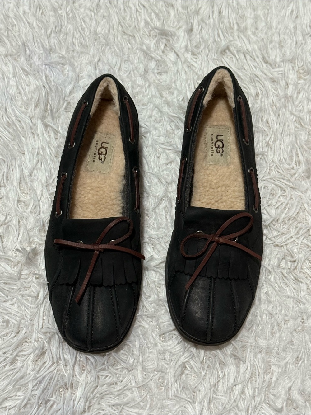 UGG Australia Black Suede Moccasin Slippers with Brown Lace Detail Size:9
